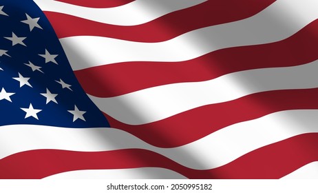 US flag flutters in the wind. USA flag with red and white stripes and stars on the blue part of the fabric closeup. Beautiful Americah Flag. 3d vector background illustration