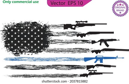 Bandera estadounidense con arma. Agarra y salpica la bandera americana. Fondo transparente