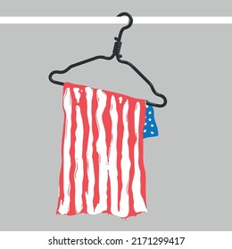 The US Flag Hangs On A Metal Hanger. The Hanger Is A Symbol Of Non-medical Abortion. Red Streaks Of Blood Are Dripping From The Towel. Ban Abortion In The USA. Law Violates Women's Rights