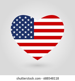 US flag in the heart shape. American flag icon. United States of America national symbol. Vector illustration.