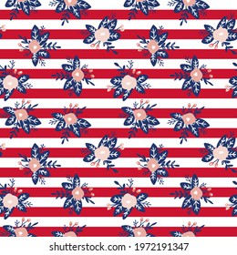 US flag inspired floral seamless pattern with red and white stripes for the Independence or American Flag Day decor, banner background or fabric. 