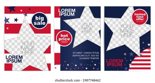 US flag inspired flyer template set for Labor day, 4th of July holidays. Sale labels and star picture frame mask vector design for a product photography in red, blue, navy and white colours.
