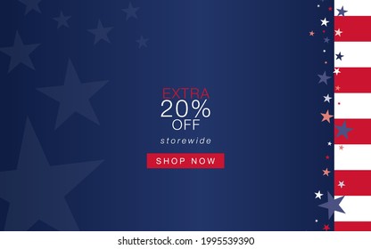US flag inspired online shop page vector design for patriotic holiday sale with discount promotion offer and shop now button.
