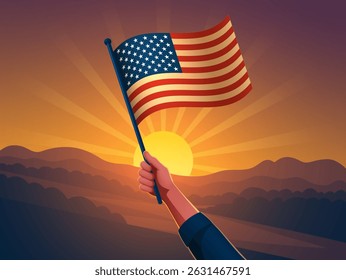 US flag in a man's hand against the rising sun on Independence Day. Concept of a holiday or travel around America. Vector illustration.