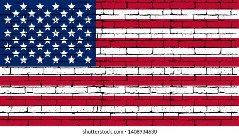US flag on a brick wall with fine grunge texture. Vector illustration.  