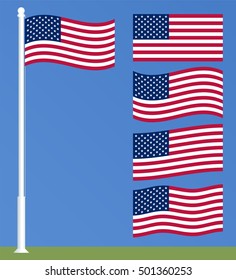 US Flag on the flagpole. Set of waving American flags. Vector illustration. Correct color and proportion. Patriotic design for the political and military subjects.