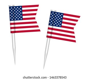 US flag push pins, vector illustration. Mini stick small pushpin American flags isolated on white background. svg