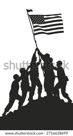 US flag raising military team silhouette on hill, proud veterans raising flag
