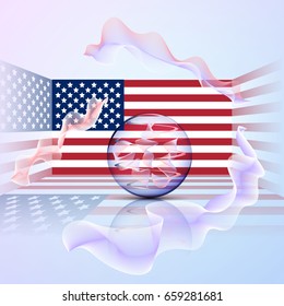 The US flag in a rectangular space with a transparent ball