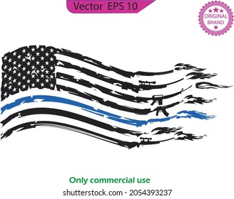 US Flag Set. Flag With Police Blue Line - Distressed And Splash American Flag. Police Blue And Green Army Line, US Flag With Gun. 