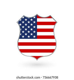 US flag in the shape of a police badge. American flag icon. United States of America national symbol. Vector illustration.