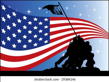 US flag and soldiers