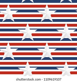 US flag themed seamless pattern design with lines and white 3d stars