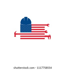 US flag with tools, a hammer, a wrench, a caliper, a hardness helmet, a logo, an icon, stars and stripes