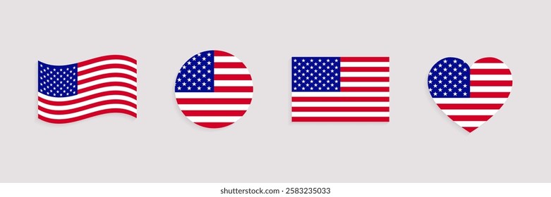 US flag vector set. Geometric shapes. USA official symbols collection. Web, national, travel, patriotic design elements. rectangle, round, love heart and waved flagstaff isolated icons