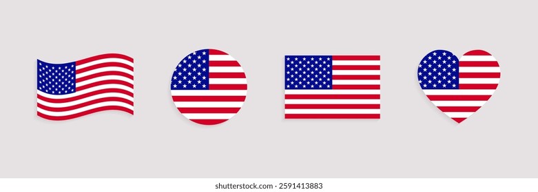 US flag vector set. USA official symbols collection. Geometric shapes. . Web, national, travel, patriotic design elements. rectangle, round, love heart and waved flagstaff isolated icons