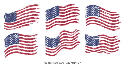 Banderas de Estados Unidos coloridos emblemas con símbolos norteamericanos que simbolizan la independencia de Estados Unidos para carteles políticos diseño ilustración vectorial