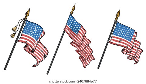 US flags colorful set stickers with old tattered United States of America banners on flagpoles vector illustration