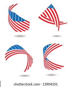 Us flags in different twisted poses and a drop shadow