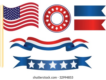 us flags and independence decoration including badge, strips, stars and flag