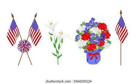 US flags, lilies, striped ribbon, a bouquet of red, blue and white flowers. Vector set of elements for the design of commemorative cards for the Memorial Day.