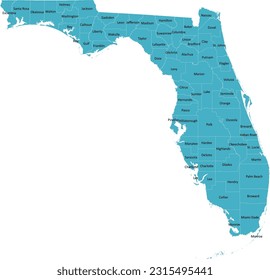 US Florida county map with 67 Counties’ Names and Boundaries, all text in one layer could be hidden.
