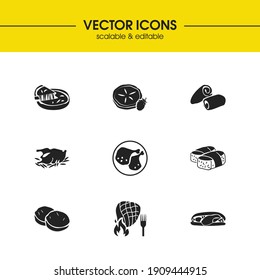 Us food icons set with maine, illinois and fried chicken elements. Set of us food icons and lobster roll concept. Editable vector elements for logo app UI design.