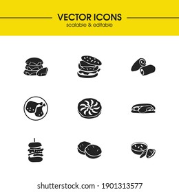 Us food icons set with texas, maine and montana elements. Set of us food icons and denver sandwich concept. Editable vector elements for logo app UI design.