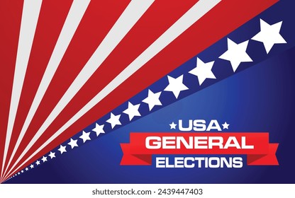 Vektor-Illustrationsdesign "US General Elections" mit US-Flaggendesign. US General Elections Concept auf blauem Hintergrund. Ideal für den Einsatz in Wahlkampfplakaten und -bannern. EPS Editable Format.