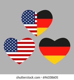 US and Germany flags icon in the heart shape. American and German friendship symbol. Vector illustration.