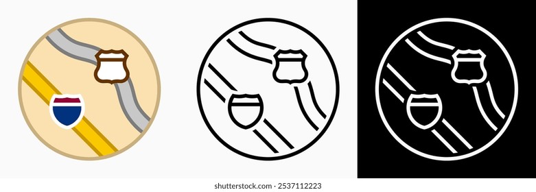 Ícones de estrada dos EUA: ilustração vetorial de ícones de estrada dos EUA com fundo preto e branco