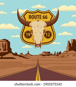 U.S. Historic Route 66. A road sign with a skull of bull on the background of an endless highway and an American desert with mountains. Vector landscape with an empty straight road on sandy wasteland