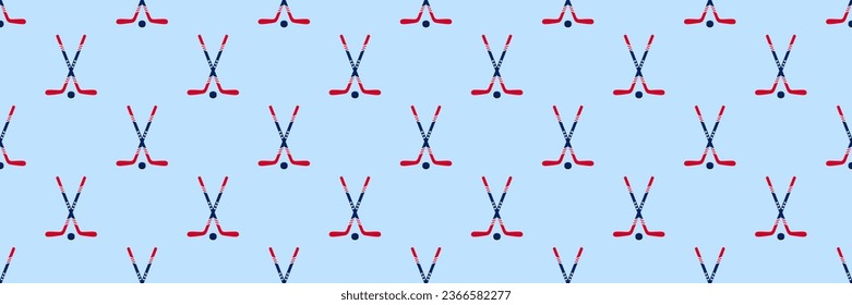 US hockey vector background. Ice hockey sticks and puck seamless pattern in a American flag traditional colors and stars symbols. Winter sports repeated texture for sporting designs, prints.