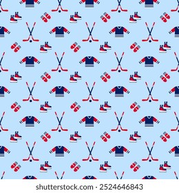 US hockey vector seamless pattern. Ice hockey sticks, puck and skates in a American flag traditional colors. Winter sports repeat texture for sporting design, print. Kids activities template backdrop.