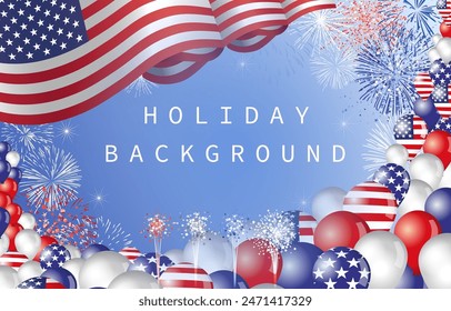 US holiday background with 3D objects. Copy space banner. USA waving flag, realistic balloons and fireworks. Set of elements. Backdrop blank with clipping mask. Festive design. Billboard template.