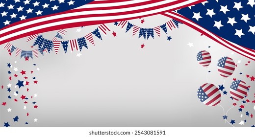 US holiday background Copy space banner USA waving flags Festive design Billboard template United States of America Patriotic template Flags confetti balloons  Stars and stripes Wide format