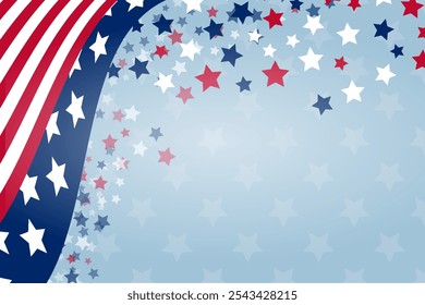 US holiday background Copy space banner USA waving flags Festive design Billboard template United States of America Patriotic template Confetti Stars and stripes