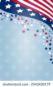 US holiday background Copy space banner USA waving flags Festive design Billboard template United States of America Patriotic template Confetti Stars and stripes Vertical flyer