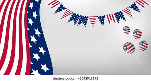  US holiday background Copy space banner USA waving flags Festive design Billboard template United States of America Patriotic template Flags balloons Stars and stripes Wide format