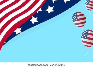 US holiday Blue background Copy space banner USA waving flags Festive design Billboard template United States of America Patriotic template Flags balloons Stars and stripes 