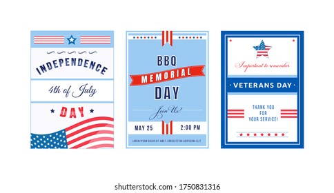 US holiday poster flat vector templates set. American Independence Day. Brochure, booklet pages concept designs pack. National US holiday flyer, leaflets collection