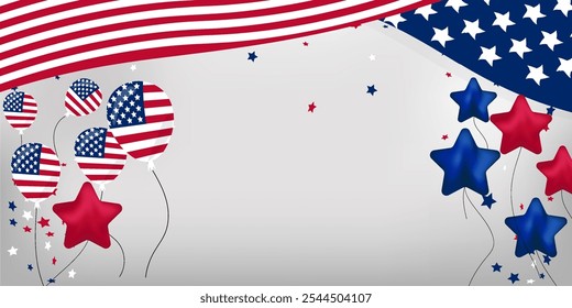 US holiday Silver background Copy space banner USA waving flags Festive design Billboard template United States of America Patriotic template Flags balloons Red blue star ballon Stars and stripes