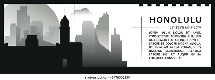 US Honolulu skyline vector banner, black and white minimalistic cityscape silhouette. USA Hawaii state horizontal graphic, travel infographic, monochrome layout for website