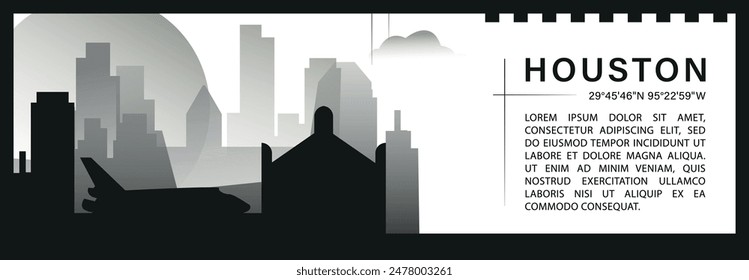 US Houston skyline vector banner, black and white minimalistic cityscape silhouette. USA Texas state horizontal graphic, travel infographic, monochrome layout for website