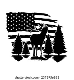 Ilustración vectorial de ciervos de caza de Estados Unidos, bandera estadounidense con ciervo, caza de ciervos en el bosque, angustiada bandera estadounidense, bandera de Estados Unidos con ilustración de diseño de caza de venados