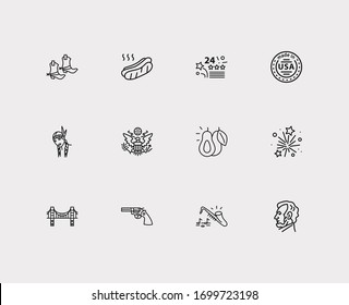 Us icons set. Avocado and us icons with revolver, cowboy boots and made in usa. Set of person for web app logo UI design.