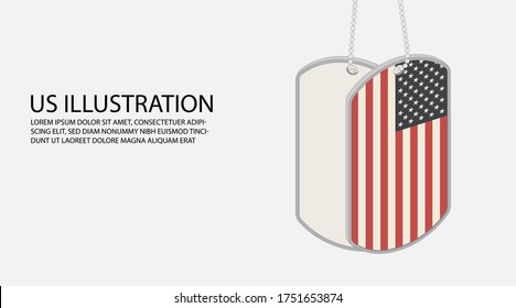 US illustration. USA symbol. Two military dog tag tokens of American army with flag of the United States. Isometric vector illustration for Veterans Day 11 November