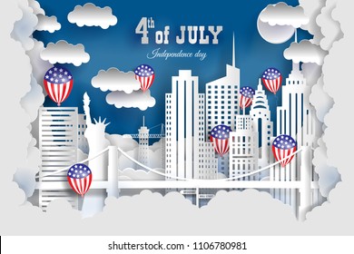 The US Independence Day, 4 July. New York City Concept, Paper Art City On Back With Buildings, Statue Of Liberty, Bridge, Clouds, Balloons . Origami And Travel Concept, Vector Art Illustration.