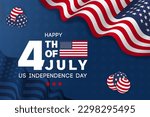 US Independence Day 4th July banner with waving flag and balloons illustration