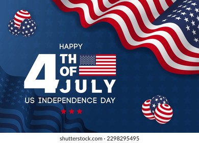 US Independence Day 4th July banner with waving flag and balloons illustration